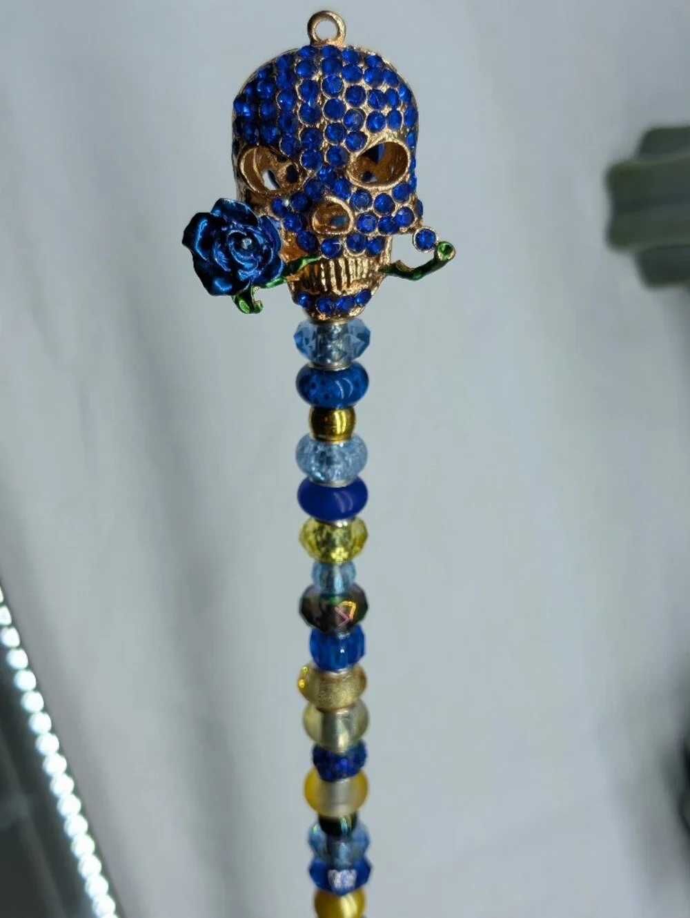 Hand Made Beaded Fairy Wand/Plant/Garden Stake W/Skull Topper in Blue and Gold